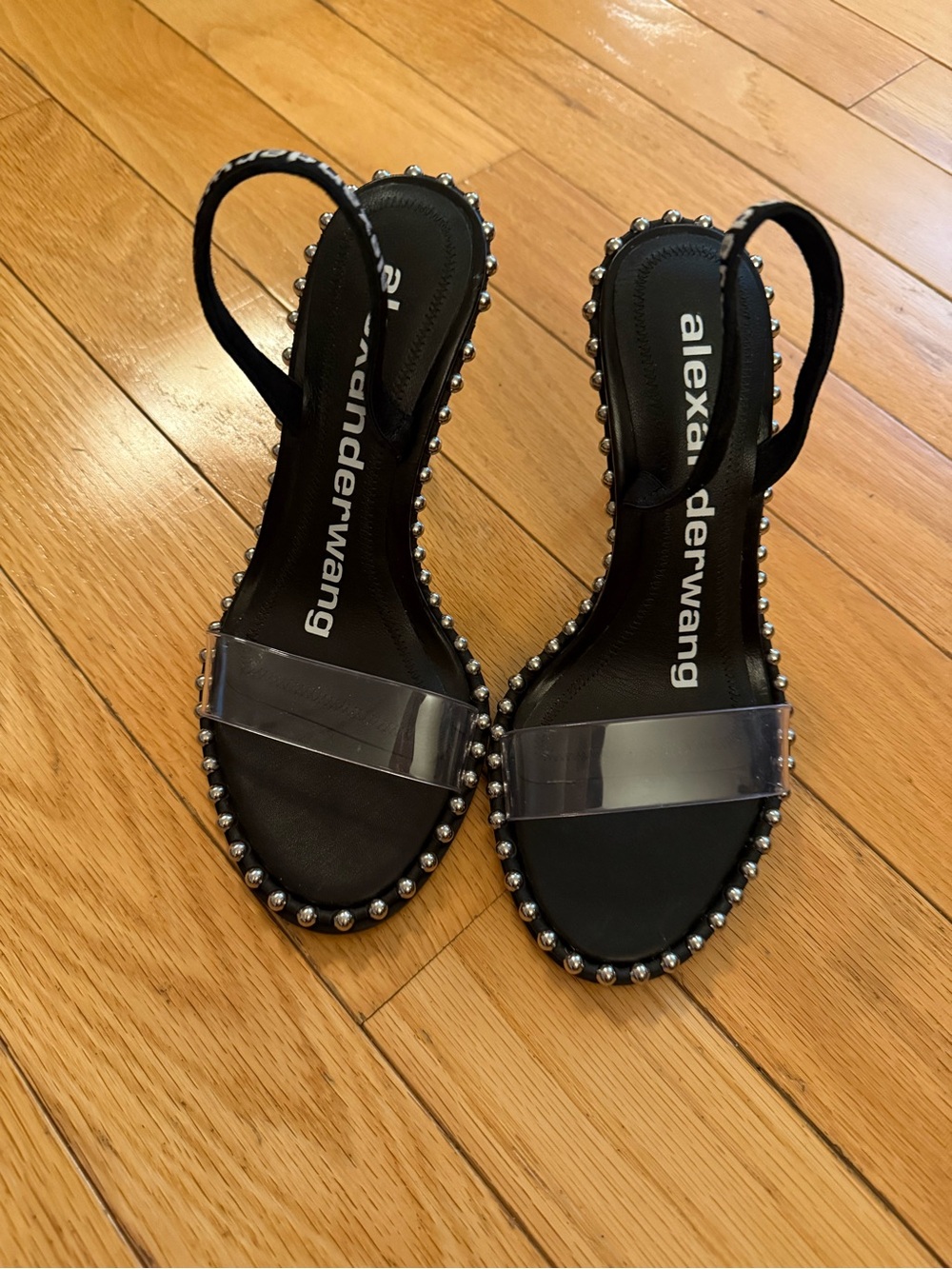 Alexander Wang Black Slingback Sandals with Clear Strap and Silver Studs